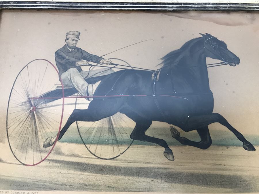 Antique Currier & Ives Lithograph 'Blackwood Jr.' Hand Colored In Antique Frame Harness Racing J. Cameron [Photo 3]