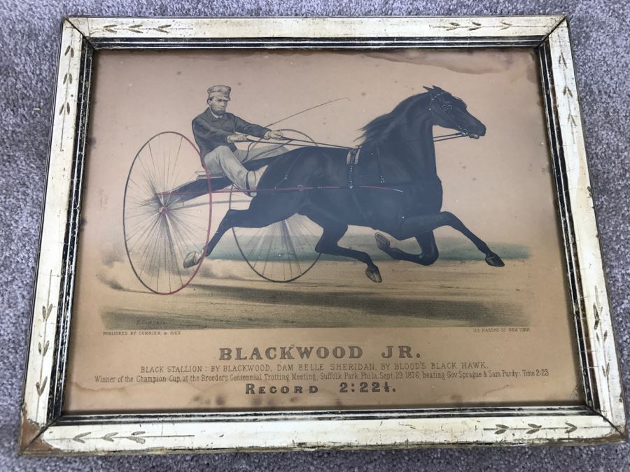 Antique Currier & Ives Lithograph 'Blackwood Jr.' Hand Colored In Antique Frame Harness Racing J. Cameron [Photo 2]
