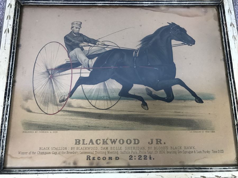 Antique Currier & Ives Lithograph 'Blackwood Jr.' Hand Colored In Antique Frame Harness Racing J. Cameron [Photo 1]