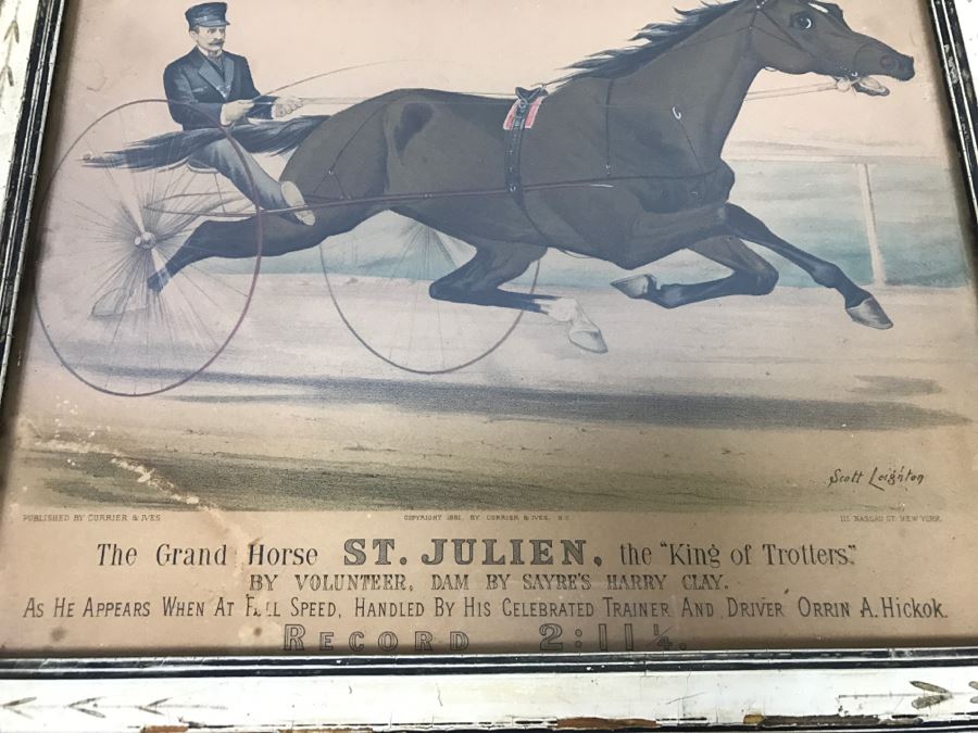 Antique Currier & Ives Lithograph 'The Grand Horse St. Julien. The 'King Of Trotters.'' Hand Colored In Antique Frame Copyright 1881 Harness Racing Scott Leighton [Photo 8]