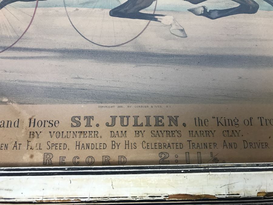 Antique Currier & Ives Lithograph 'The Grand Horse St. Julien. The 'King Of Trotters.'' Hand Colored In Antique Frame Copyright 1881 Harness Racing Scott Leighton [Photo 10]