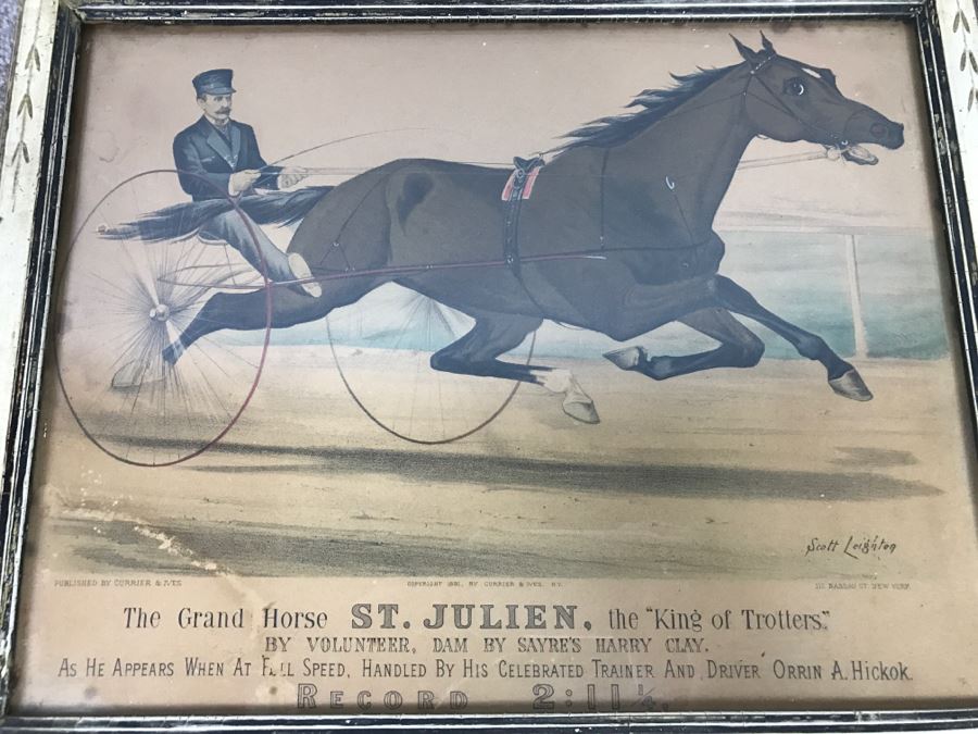 Antique Currier & Ives Lithograph 'The Grand Horse St. Julien. The 'King Of Trotters.'' Hand Colored In Antique Frame Copyright 1881 Harness Racing Scott Leighton [Photo 1]