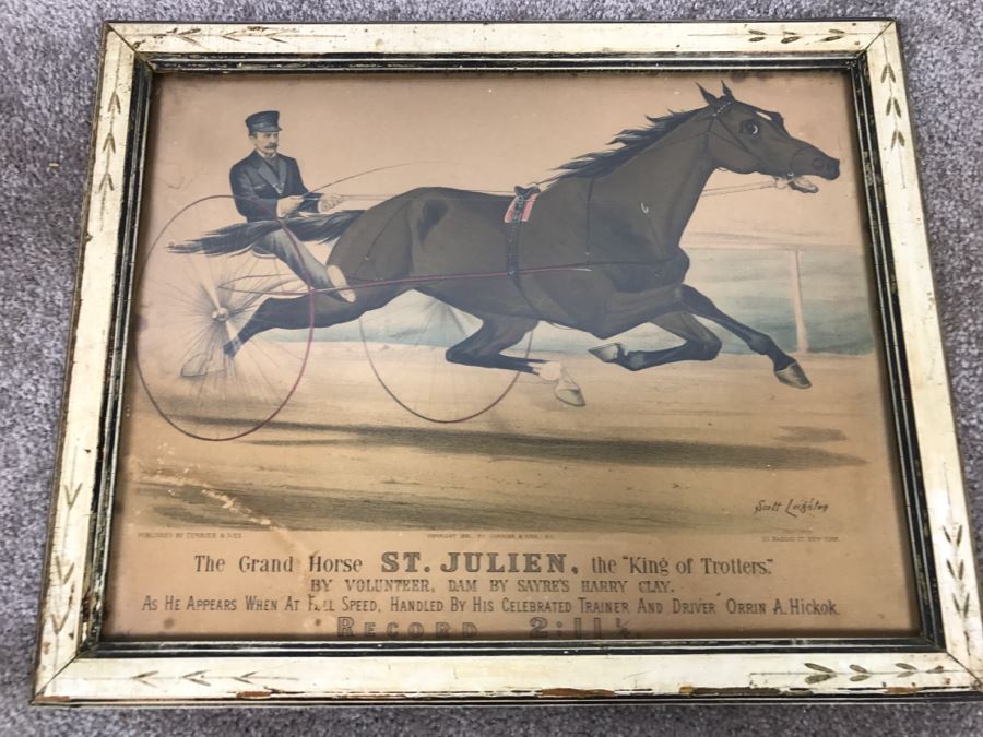 Antique Currier & Ives Lithograph 'The Grand Horse St. Julien. The 'King Of Trotters.'' Hand Colored In Antique Frame Copyright 1881 Harness Racing Scott Leighton [Photo 2]
