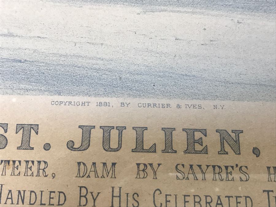 Antique Currier & Ives Lithograph 'The Grand Horse St. Julien. The 'King Of Trotters.'' Hand Colored In Antique Frame Copyright 1881 Harness Racing Scott Leighton [Photo 13]