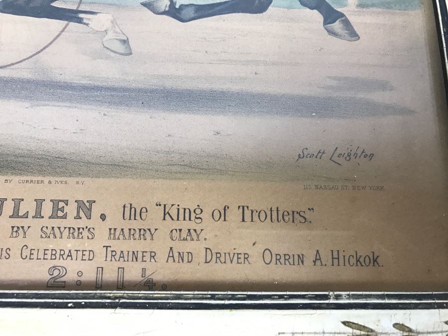 Antique Currier & Ives Lithograph 'The Grand Horse St. Julien. The 'King Of Trotters.'' Hand Colored In Antique Frame Copyright 1881 Harness Racing Scott Leighton [Photo 11]