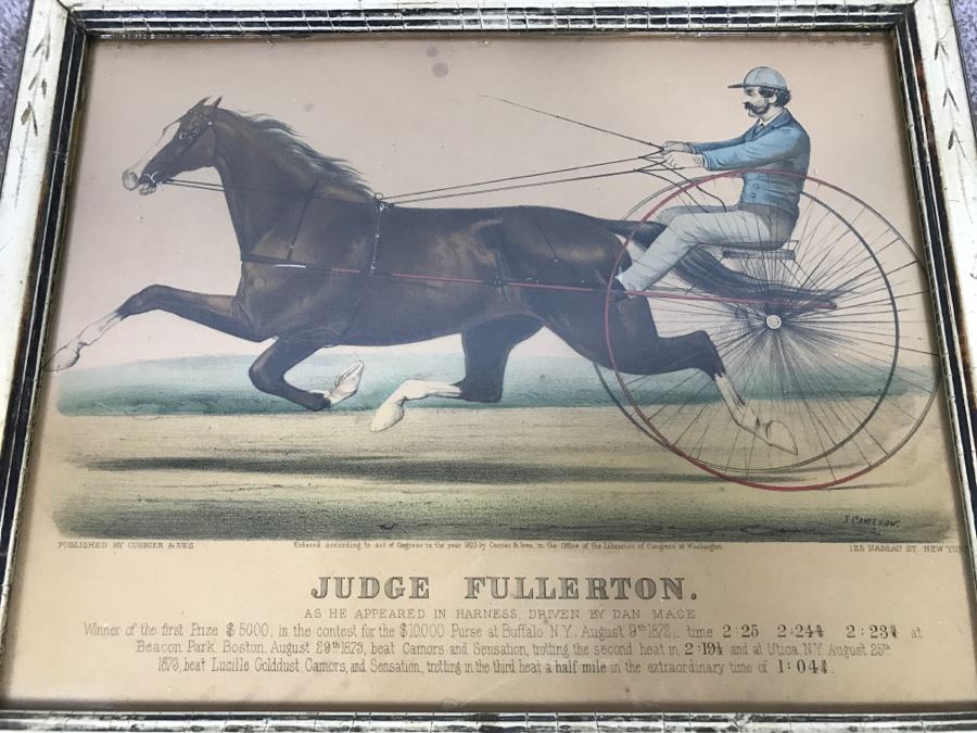 Antique Currier & Ives Lithograph 'Judge Fullerton' Hand Colored In Antique Frame Copyright 1873 Harness Racing J Cameron [Photo 1]