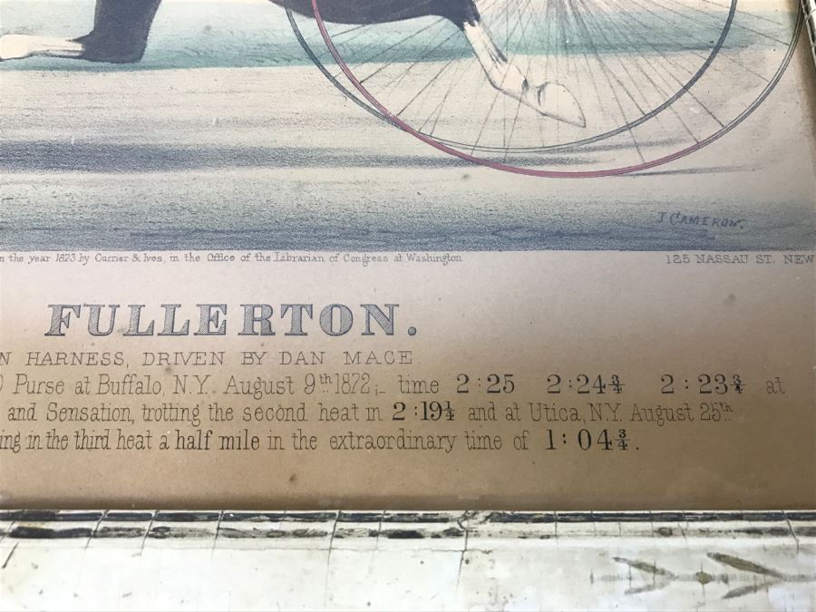 Antique Currier & Ives Lithograph 'Judge Fullerton' Hand Colored In Antique Frame Copyright 1873 Harness Racing J Cameron [Photo 10]