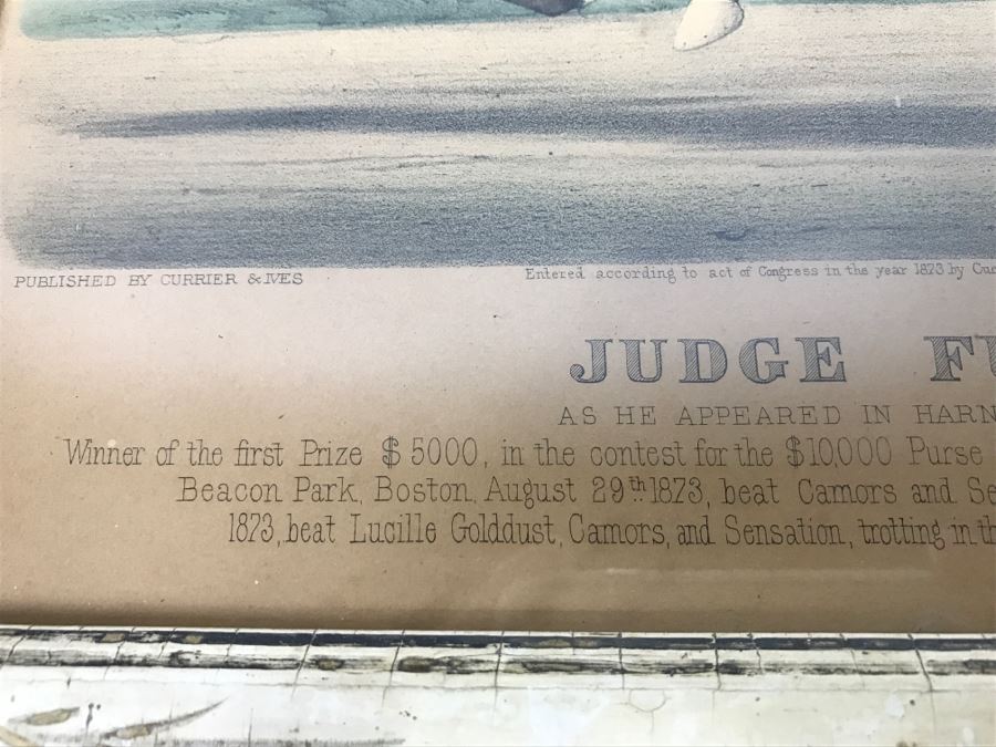 Antique Currier & Ives Lithograph 'Judge Fullerton' Hand Colored In Antique Frame Copyright 1873 Harness Racing J Cameron [Photo 9]