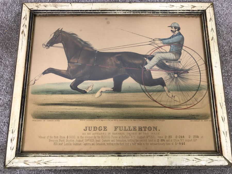 Antique Currier & Ives Lithograph 'Judge Fullerton' Hand Colored In Antique Frame Copyright 1873 Harness Racing J Cameron [Photo 2]