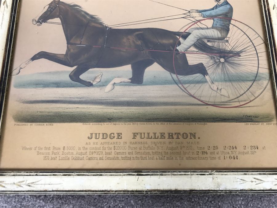 Antique Currier & Ives Lithograph 'Judge Fullerton' Hand Colored In Antique Frame Copyright 1873 Harness Racing J Cameron [Photo 7]