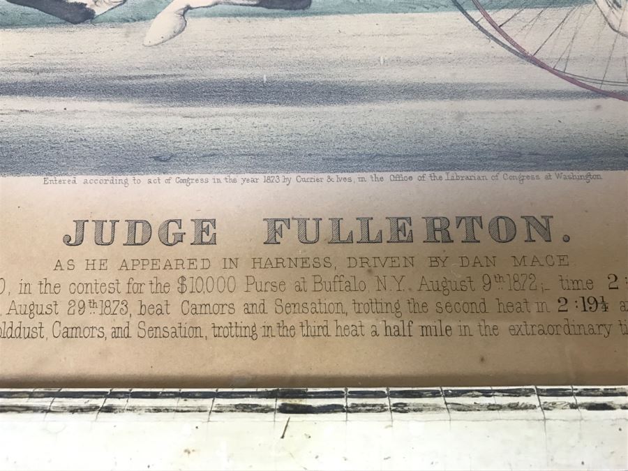 Antique Currier & Ives Lithograph 'Judge Fullerton' Hand Colored In Antique Frame Copyright 1873 Harness Racing J Cameron [Photo 8]