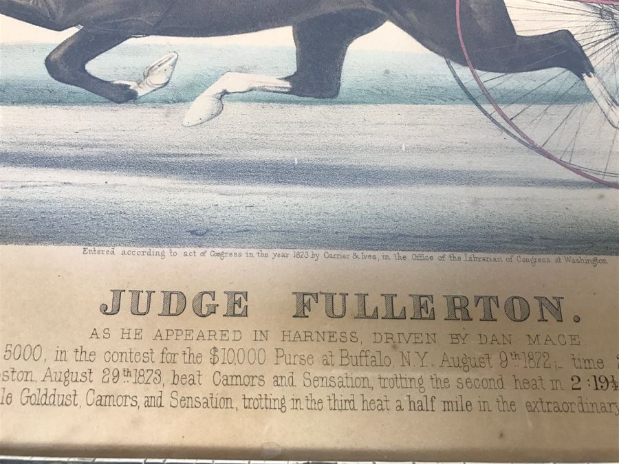 Antique Currier & Ives Lithograph 'Judge Fullerton' Hand Colored In Antique Frame Copyright 1873 Harness Racing J Cameron [Photo 11]