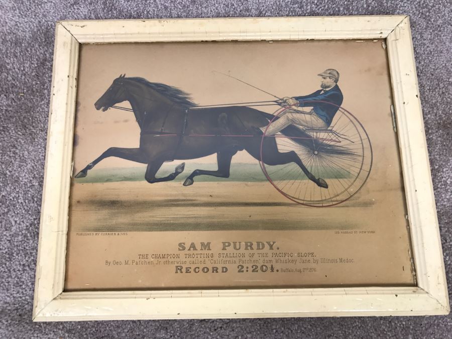 Antique Currier & Ives Lithograph 'Sam Purdy' Hand Colored In Antique Frame Harness Racing [Photo 2]