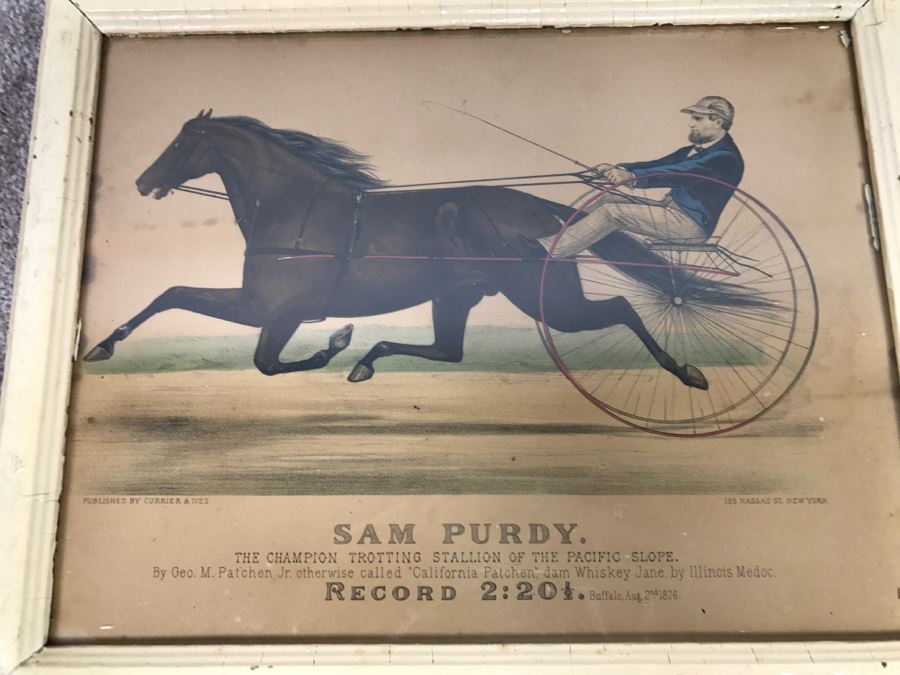 Antique Currier & Ives Lithograph 'Sam Purdy' Hand Colored In Antique Frame Harness Racing [Photo 1]