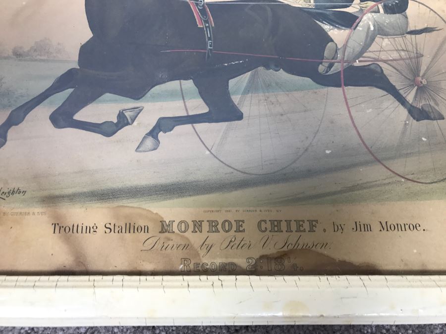Antique Currier & Ives Lithograph 'Trotting Stallion Monroe Chief, By Jim Monroe' Hand Colored In Antique Frame Copyright 1881 Harness Racing Scott Leighton [Photo 7]