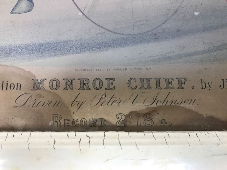 Antique Currier & Ives Lithograph 'Trotting Stallion Monroe Chief, By Jim Monroe' Hand Colored In Antique Frame Copyright 1881 Harness Racing Scott Leighton [Photo 8]