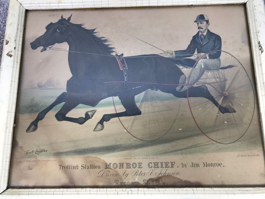 Antique Currier & Ives Lithograph 'Trotting Stallion Monroe Chief, By Jim Monroe' Hand Colored In Antique Frame Copyright 1881 Harness Racing Scott Leighton [Photo 1]