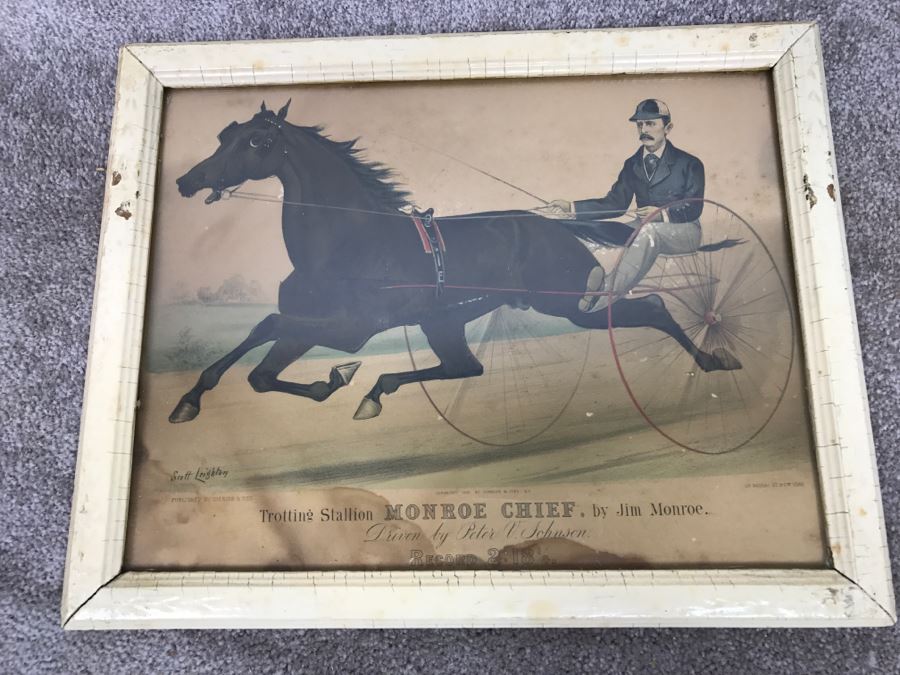 Antique Currier & Ives Lithograph 'Trotting Stallion Monroe Chief, By Jim Monroe' Hand Colored In Antique Frame Copyright 1881 Harness Racing Scott Leighton [Photo 2]