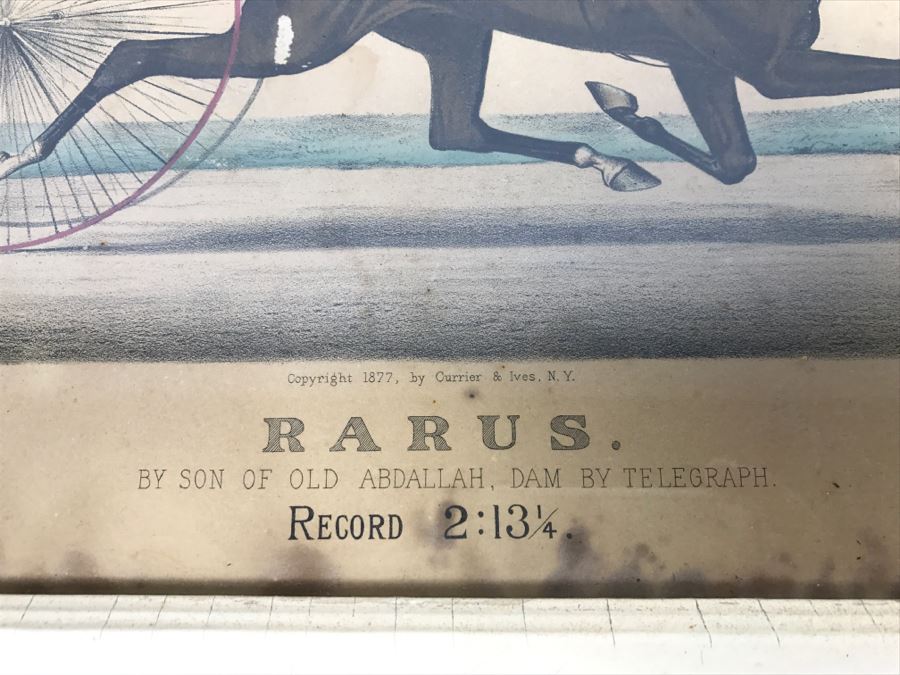 Antique Currier & Ives Lithograph 'Rarus' Hand Colored In Antique Frame Copyright 1877 Harness Racing [Photo 7]