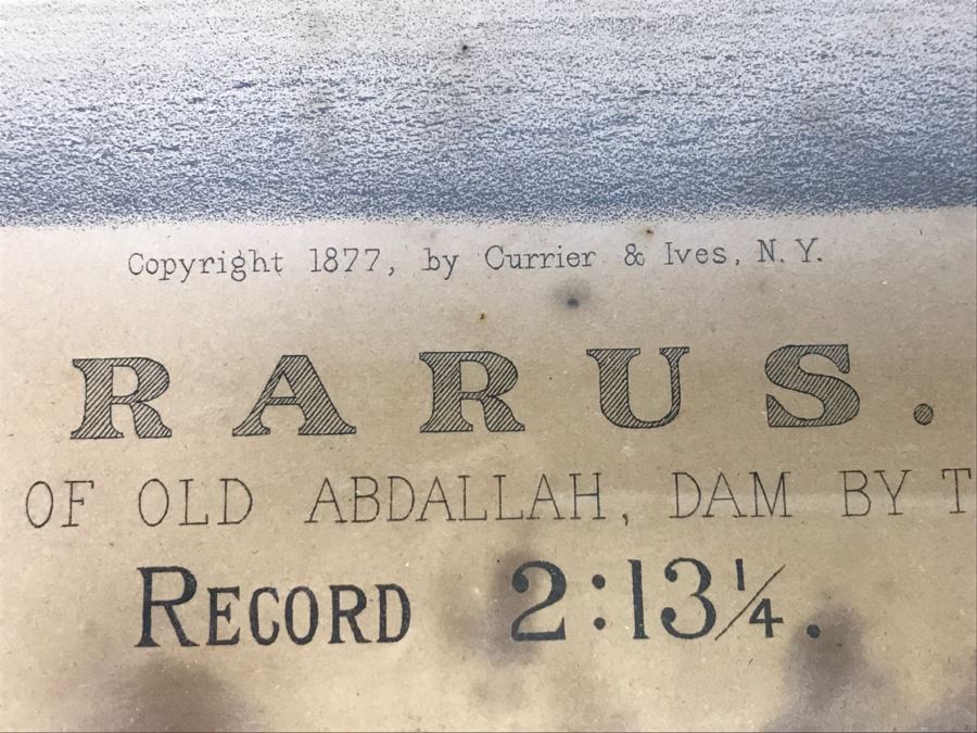 Antique Currier & Ives Lithograph 'Rarus' Hand Colored In Antique Frame Copyright 1877 Harness Racing [Photo 8]