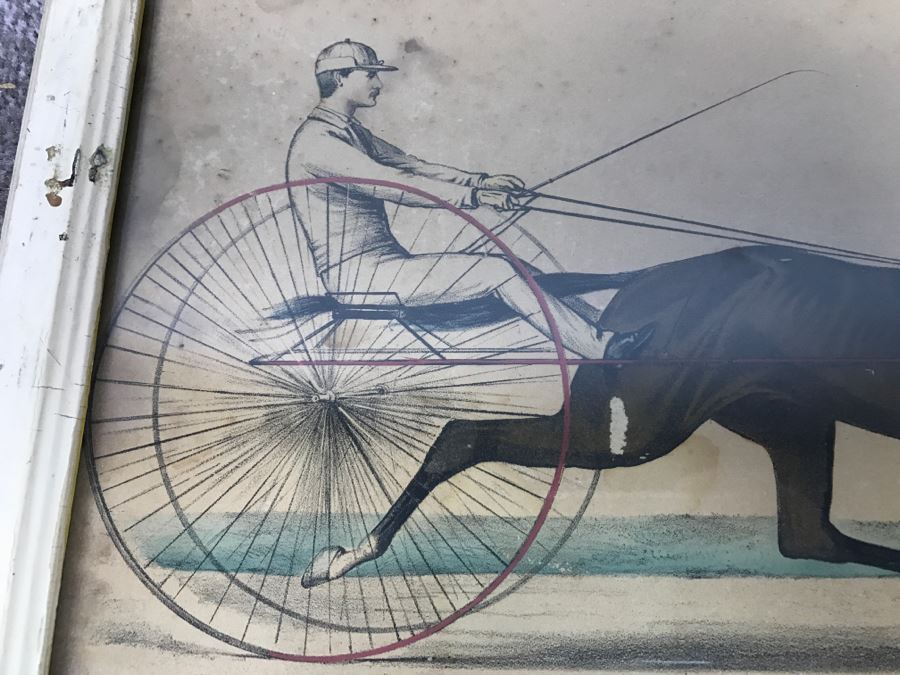 Antique Currier & Ives Lithograph 'Rarus' Hand Colored In Antique Frame Copyright 1877 Harness Racing [Photo 3]