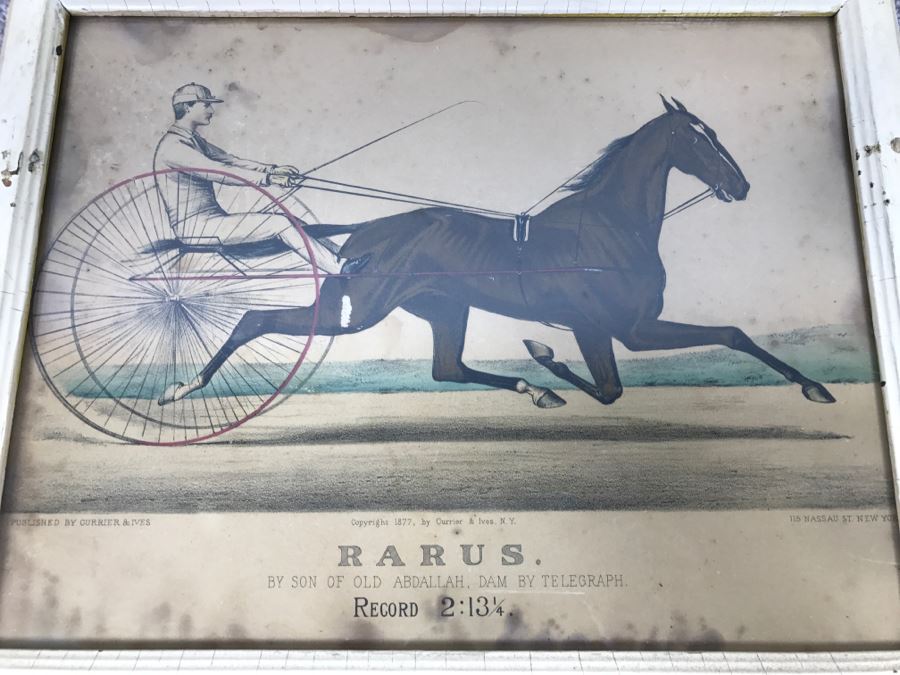 Antique Currier & Ives Lithograph 'Rarus' Hand Colored In Antique Frame Copyright 1877 Harness Racing [Photo 1]