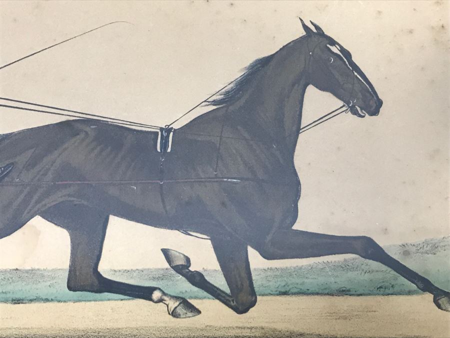 Antique Currier & Ives Lithograph 'Rarus' Hand Colored In Antique Frame Copyright 1877 Harness Racing [Photo 5]