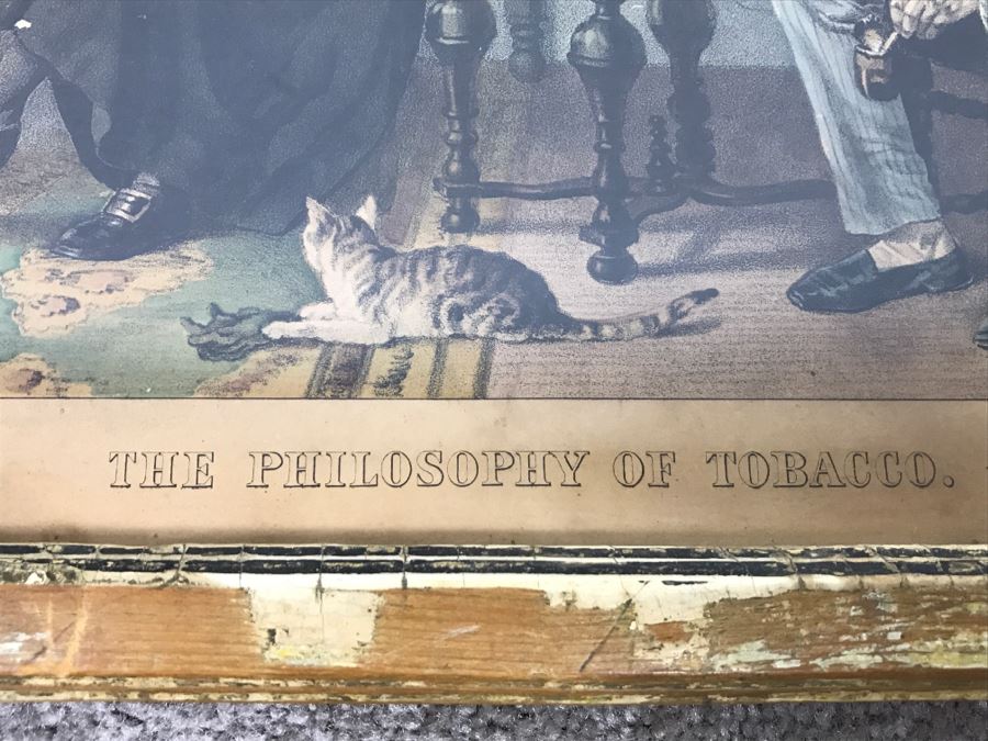 Antique Currier & Ives Lithograph 'The Philosophy Of Tobacco' Hand Colored In Antique Frame [Photo 12]