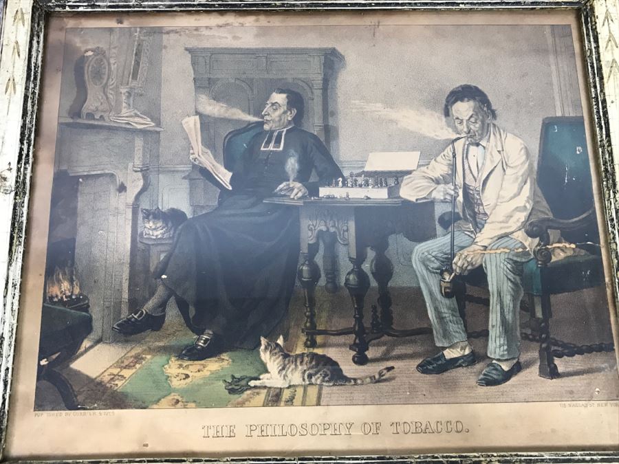 Antique Currier & Ives Lithograph 'The Philosophy Of Tobacco' Hand Colored In Antique Frame [Photo 16]