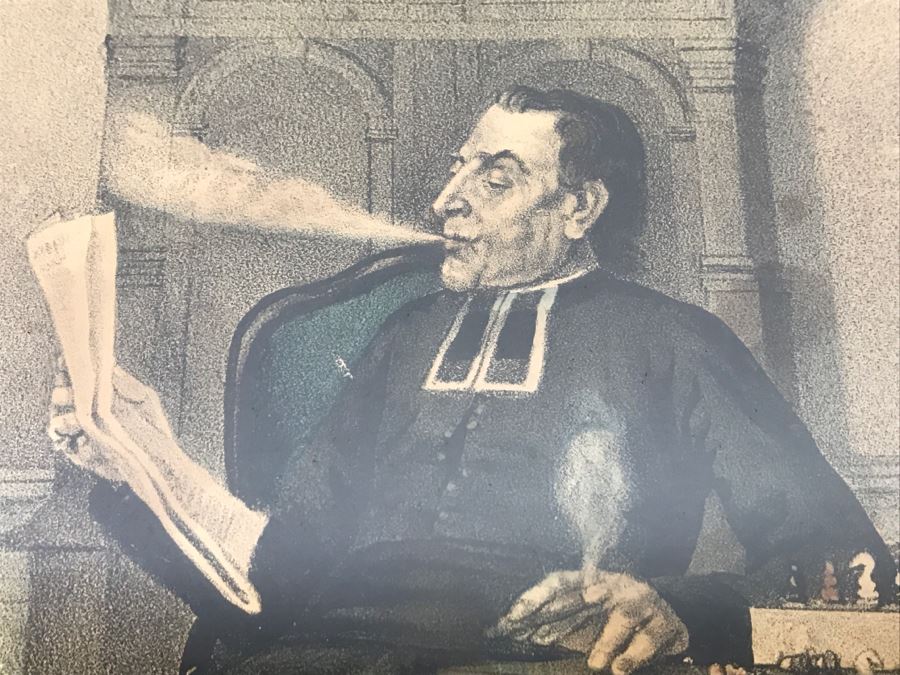 Antique Currier & Ives Lithograph 'The Philosophy Of Tobacco' Hand Colored In Antique Frame [Photo 4]