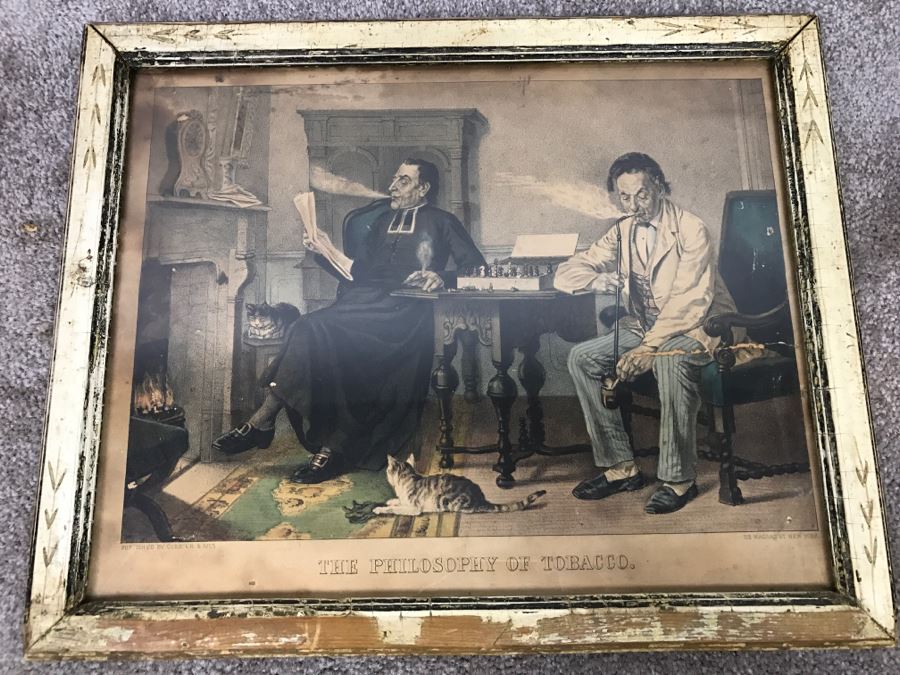 Antique Currier & Ives Lithograph 'The Philosophy Of Tobacco' Hand Colored In Antique Frame [Photo 2]