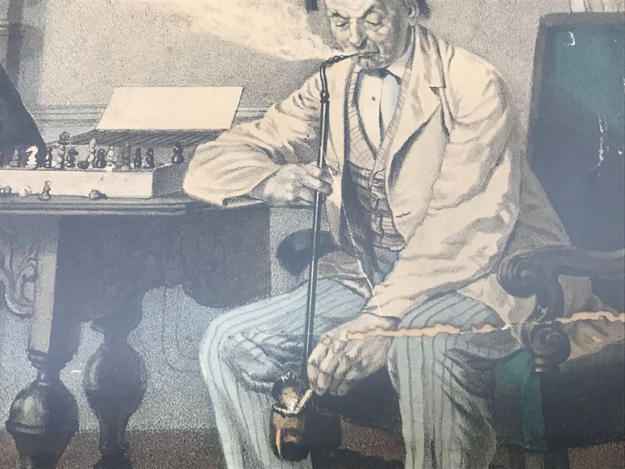 Antique Currier & Ives Lithograph 'The Philosophy Of Tobacco' Hand Colored In Antique Frame [Photo 7]