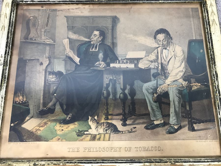 Antique Currier & Ives Lithograph 'The Philosophy Of Tobacco' Hand Colored In Antique Frame [Photo 1]