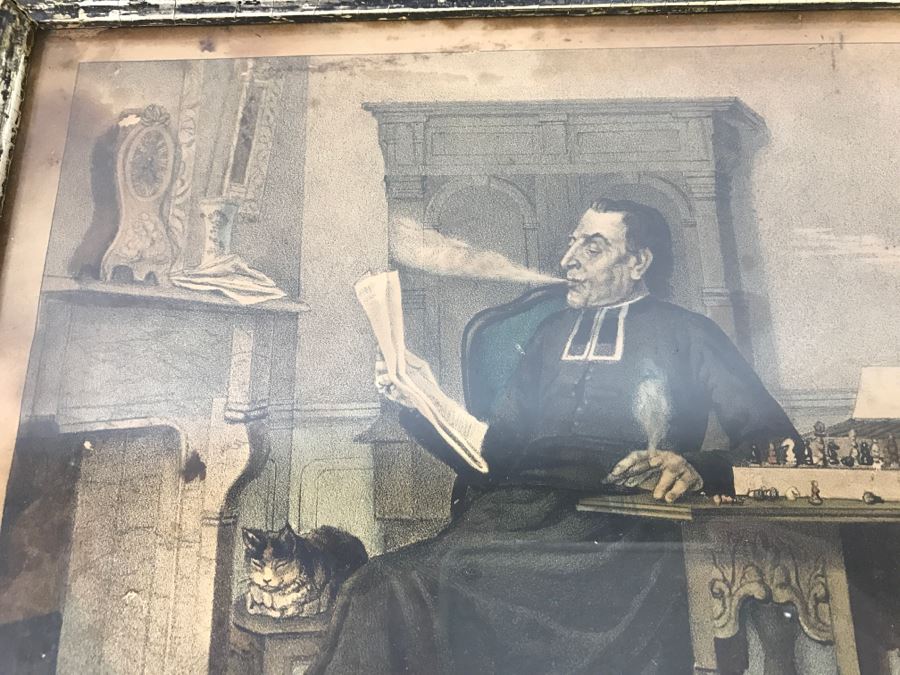 Antique Currier & Ives Lithograph 'The Philosophy Of Tobacco' Hand Colored In Antique Frame [Photo 3]