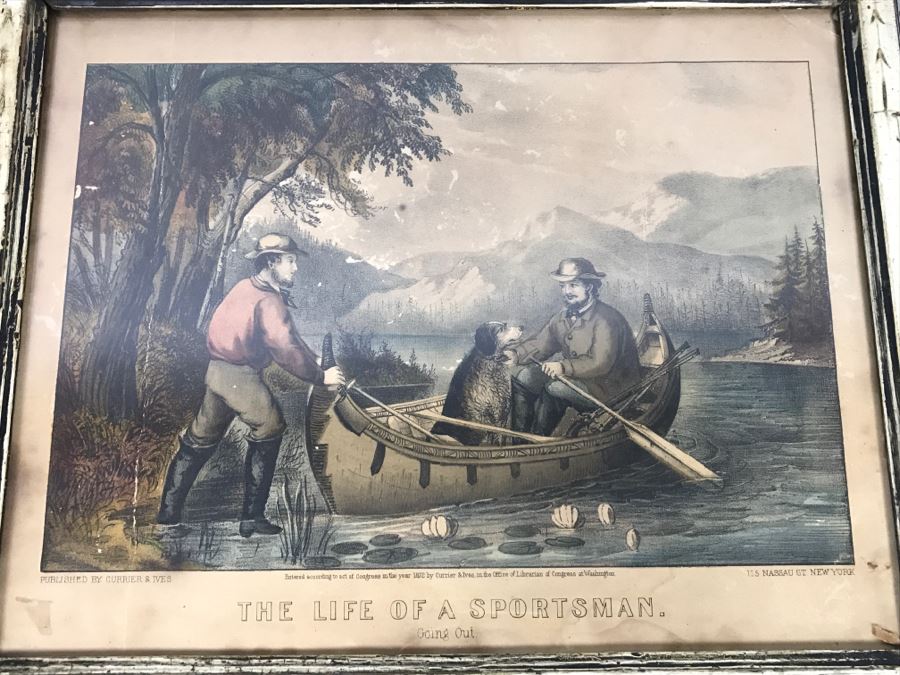 Antique Currier & Ives Lithograph 'The Life Of A Sportsman' Hand Colored In Antique Frame Copyright 1872 [Photo 1]