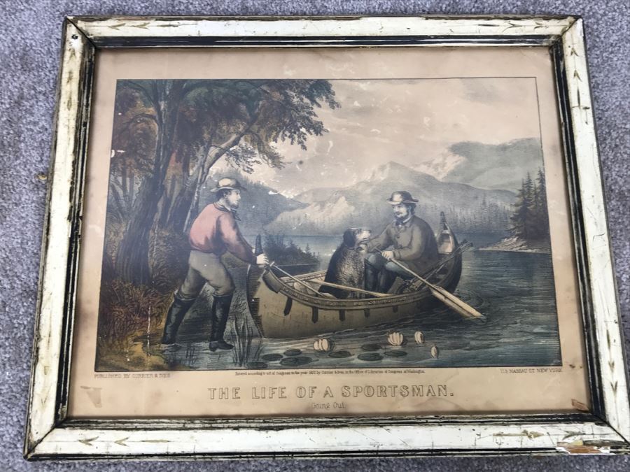 Antique Currier & Ives Lithograph 'The Life Of A Sportsman' Hand Colored In Antique Frame Copyright 1872 [Photo 2]