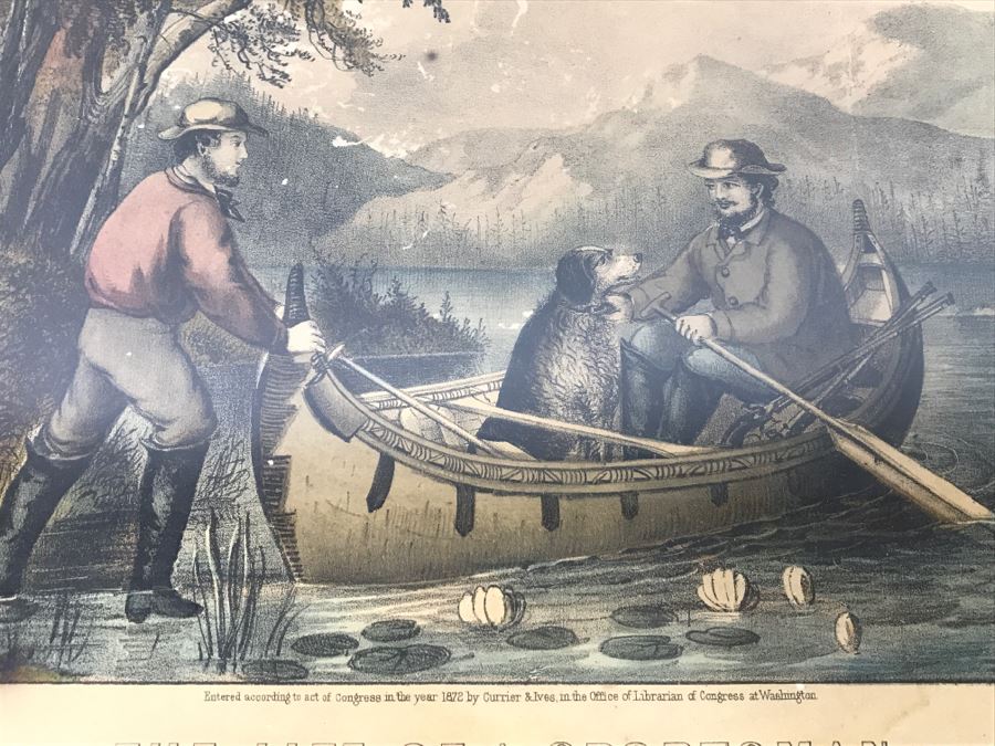 Antique Currier & Ives Lithograph 'The Life Of A Sportsman' Hand Colored In Antique Frame Copyright 1872 [Photo 4]