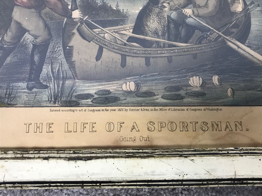 Antique Currier & Ives Lithograph 'The Life Of A Sportsman' Hand Colored In Antique Frame Copyright 1872 [Photo 9]