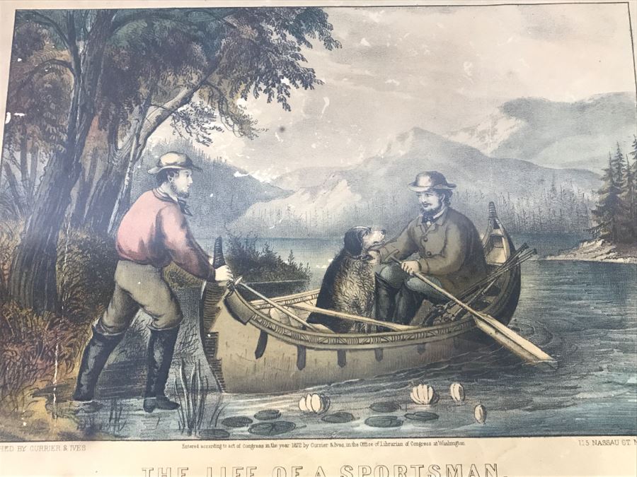 Antique Currier & Ives Lithograph 'The Life Of A Sportsman' Hand Colored In Antique Frame Copyright 1872 [Photo 3]