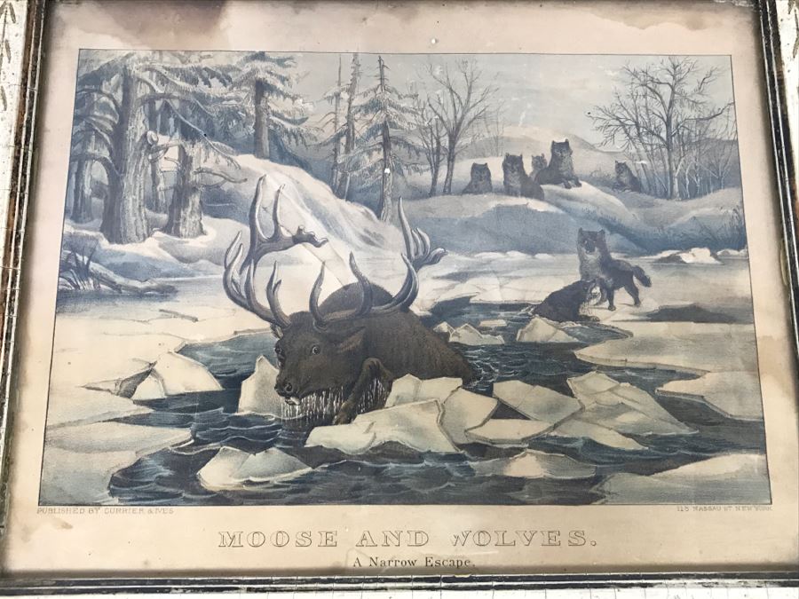 Antique Currier & Ives Lithograph 'Moose And Wolves A Narrow Escape' Hand Colored In Antique Frame [Photo 2]