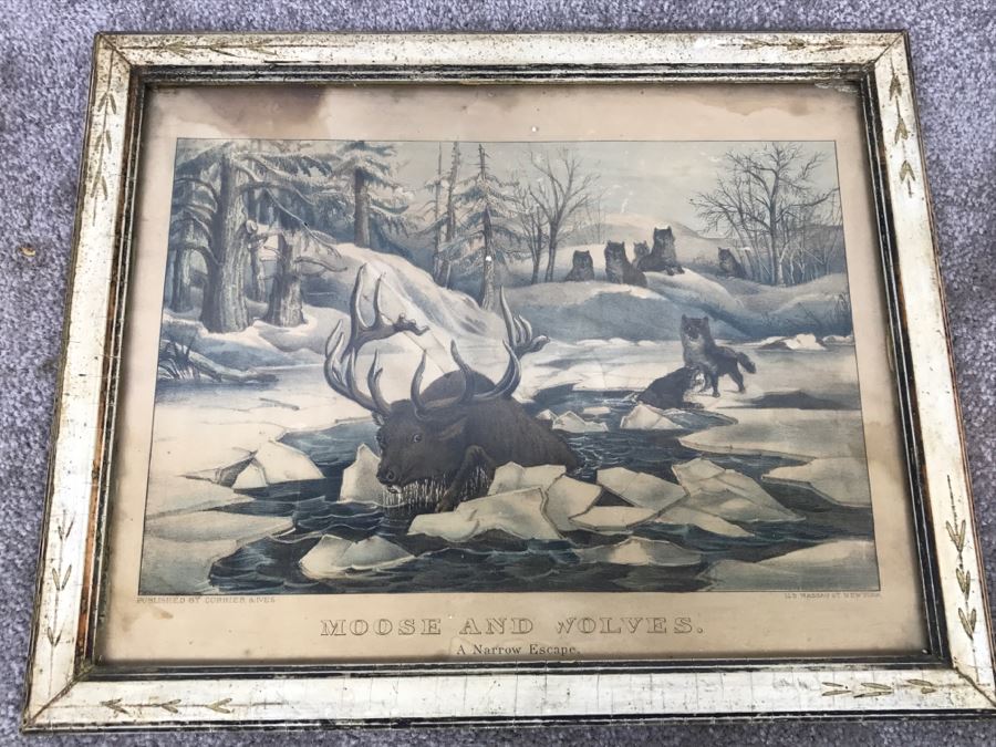 Antique Currier & Ives Lithograph 'Moose And Wolves A Narrow Escape' Hand Colored In Antique Frame [Photo 1]