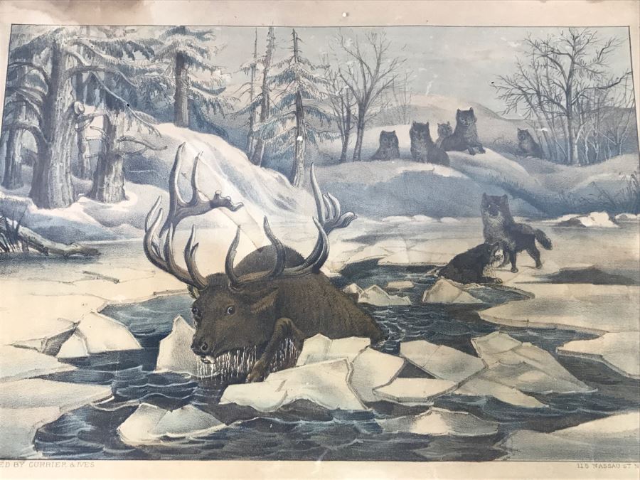 Antique Currier & Ives Lithograph 'Moose And Wolves A Narrow Escape' Hand Colored In Antique Frame [Photo 3]