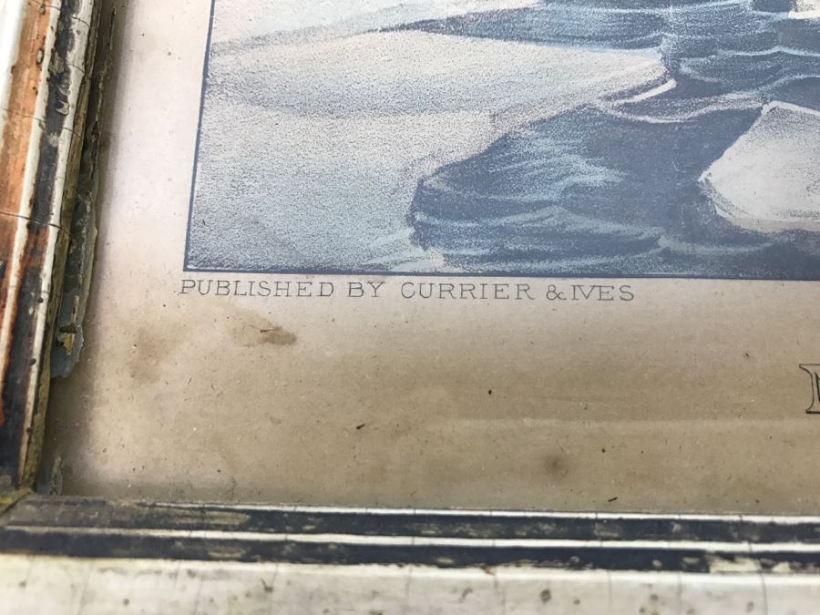Antique Currier & Ives Lithograph 'Moose And Wolves A Narrow Escape' Hand Colored In Antique Frame [Photo 8]