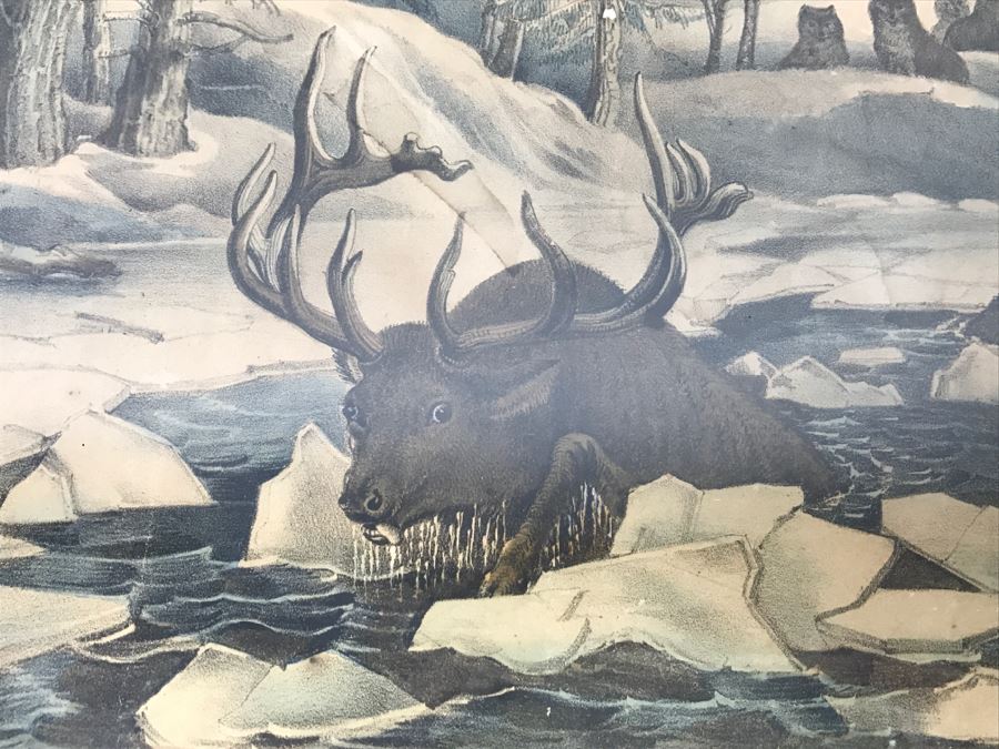 Antique Currier & Ives Lithograph 'Moose And Wolves A Narrow Escape' Hand Colored In Antique Frame [Photo 4]