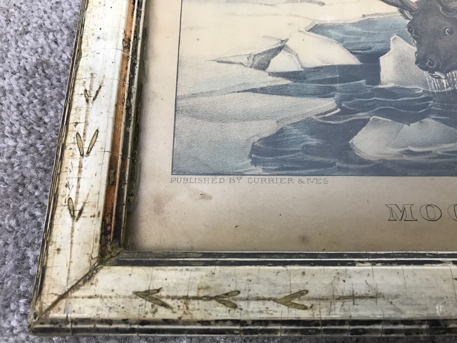 Antique Currier & Ives Lithograph 'Moose And Wolves A Narrow Escape' Hand Colored In Antique Frame [Photo 10]