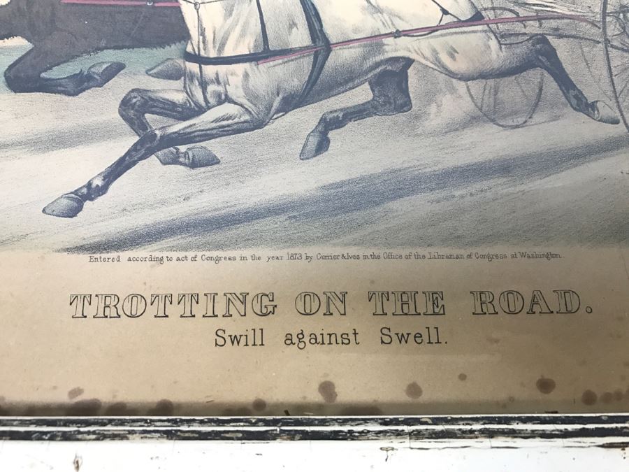 Antique Currier & Ives Lithograph 'Trotting On The Road Swill Against Swell' Hand Colored In Antique Frame Copyright 1873 Harness Racing [Photo 12]