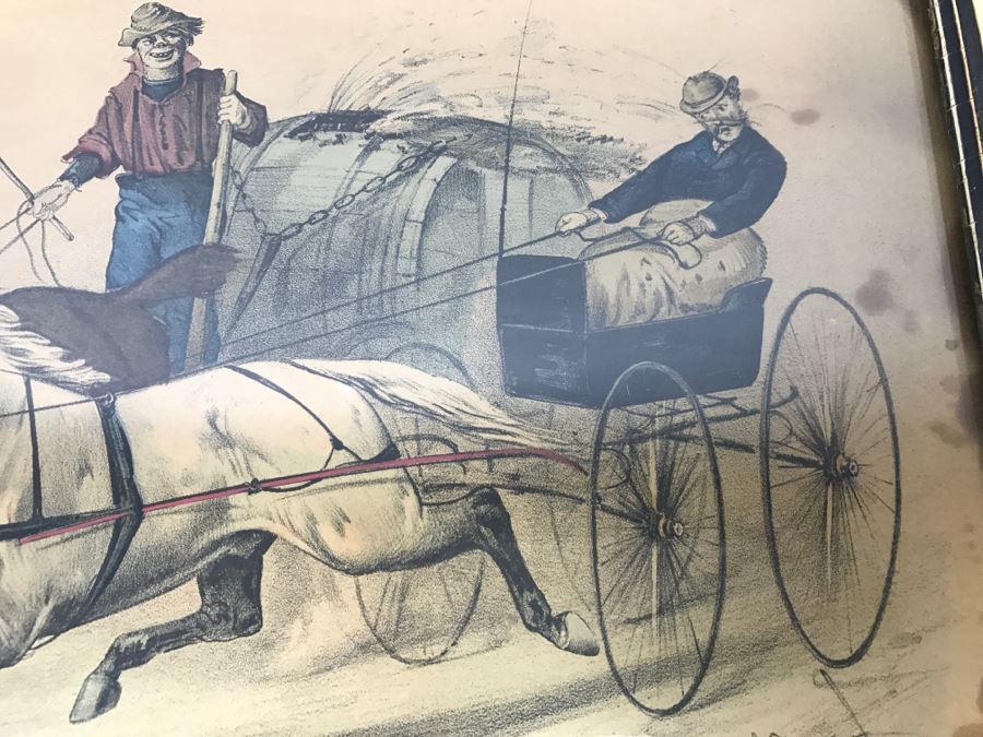 Antique Currier & Ives Lithograph 'Trotting On The Road Swill Against Swell' Hand Colored In Antique Frame Copyright 1873 Harness Racing [Photo 8]
