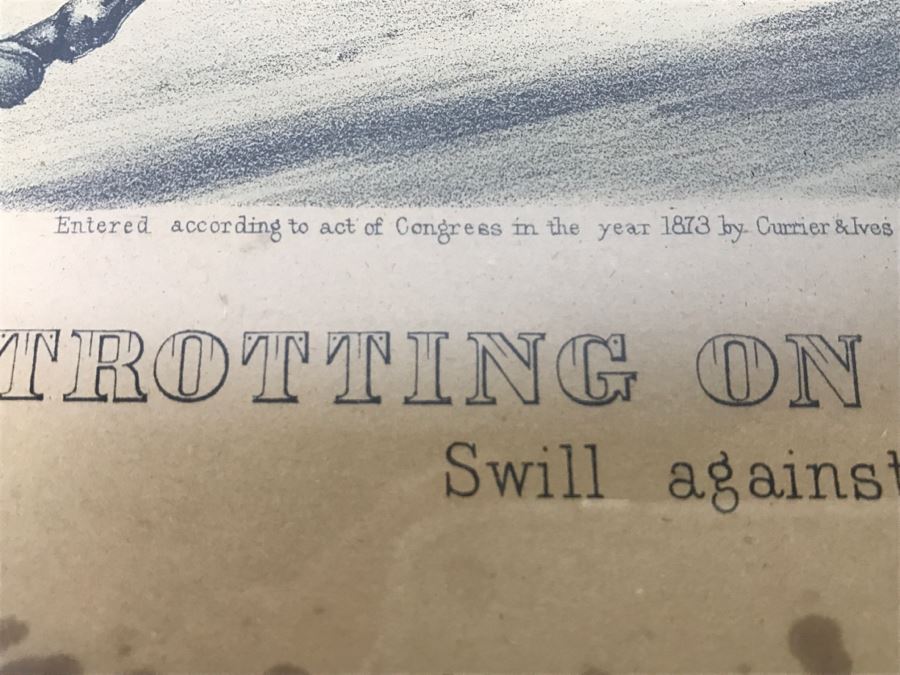 Antique Currier & Ives Lithograph 'Trotting On The Road Swill Against Swell' Hand Colored In Antique Frame Copyright 1873 Harness Racing [Photo 13]