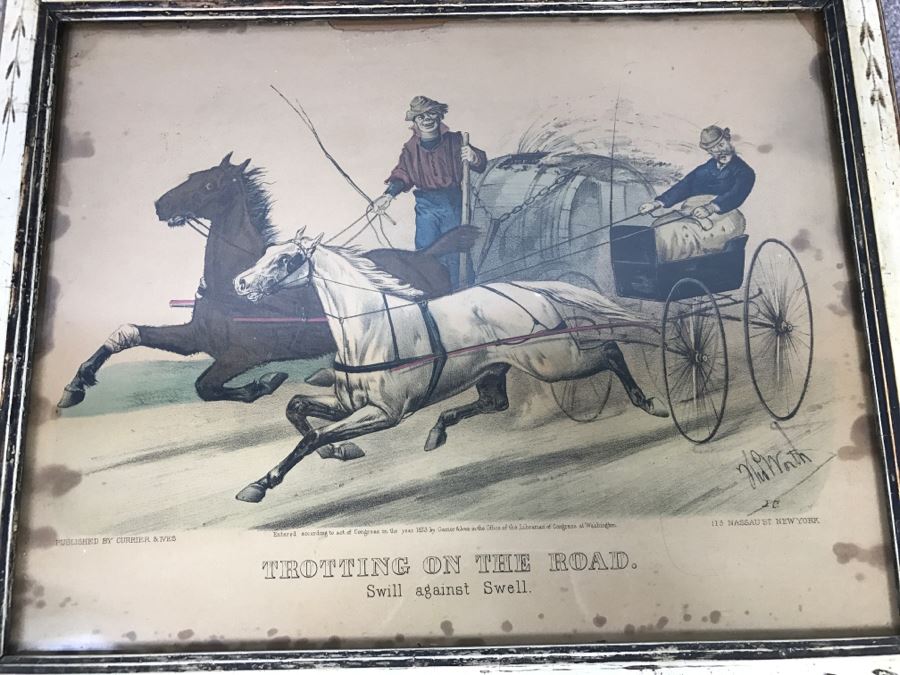 Antique Currier & Ives Lithograph 'Trotting On The Road Swill Against Swell' Hand Colored In Antique Frame Copyright 1873 Harness Racing [Photo 1]