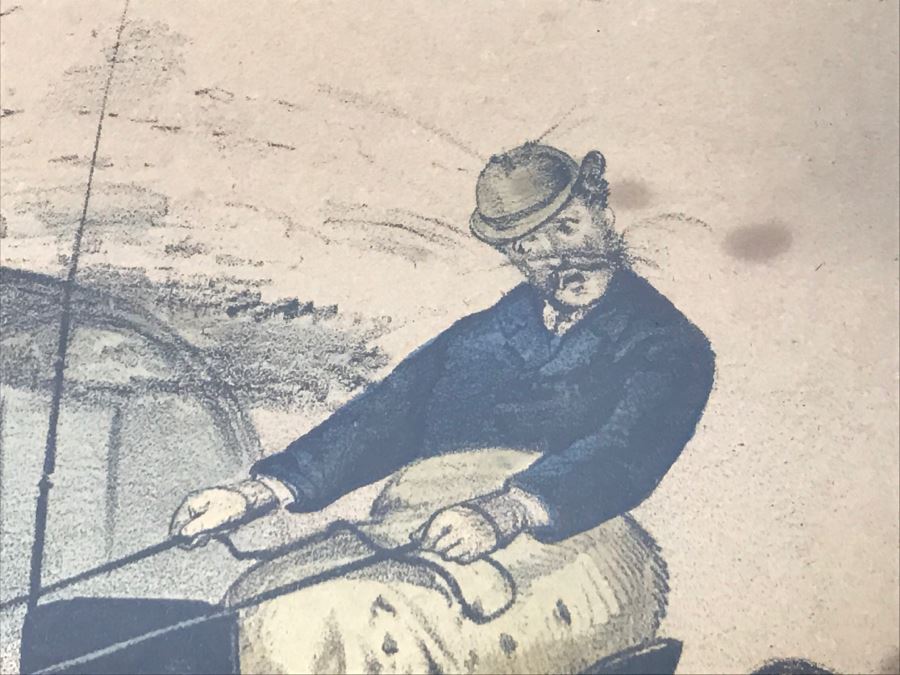 Antique Currier & Ives Lithograph 'Trotting On The Road Swill Against Swell' Hand Colored In Antique Frame Copyright 1873 Harness Racing [Photo 9]